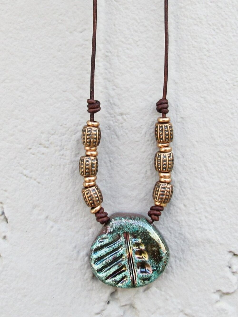 Leather Necklace 19 inches Clay Fossil Pendant, Copper Beads, Handmade